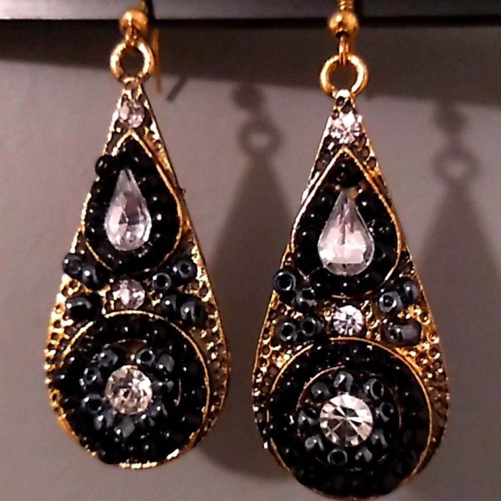 Gold tone beaded teardrop hook type earrings